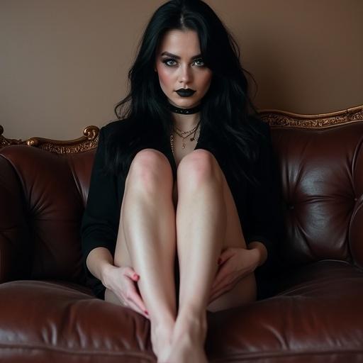 A beautiful adult woman with goth makeup and long wavy black hair sits on a stylish couch. She has elegant bare feet with clean soles. The setting has a warm and inviting feel without showing a face.