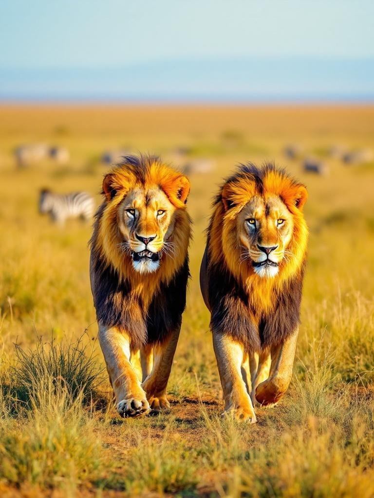 Two lions are walking in a savannah landscape. Zebras are visible in the background. It's a sunny day. The setting is a green grassy plain.