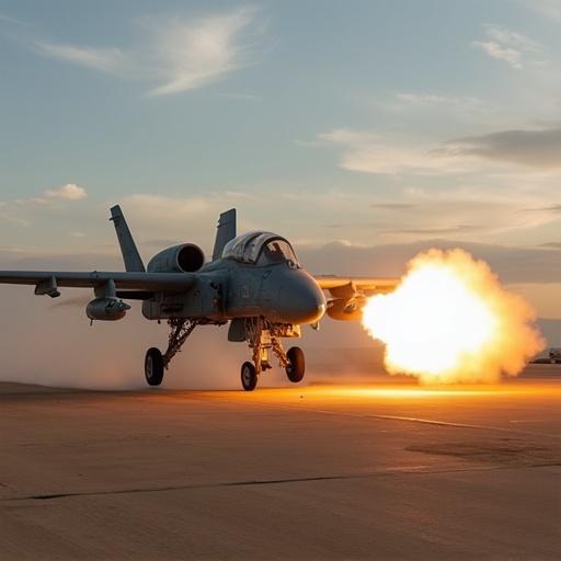 A-10 aircraft firing 30mm cannon with flames and smoke