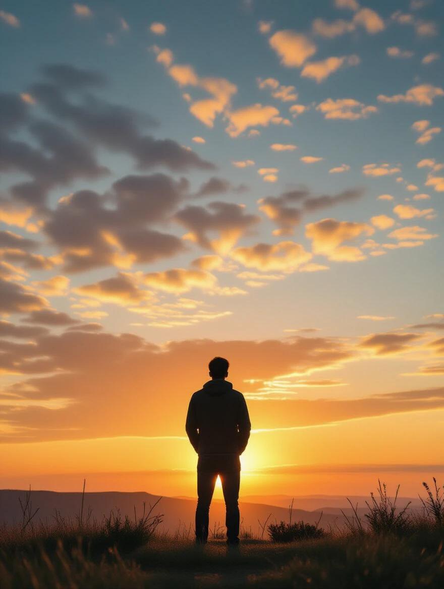 Person stands confidently looking at horizon during golden hour. Silhouette against sunset sky. Inspirational pose. Cinematic wide shot with warm color grading. Motivational atmosphere.