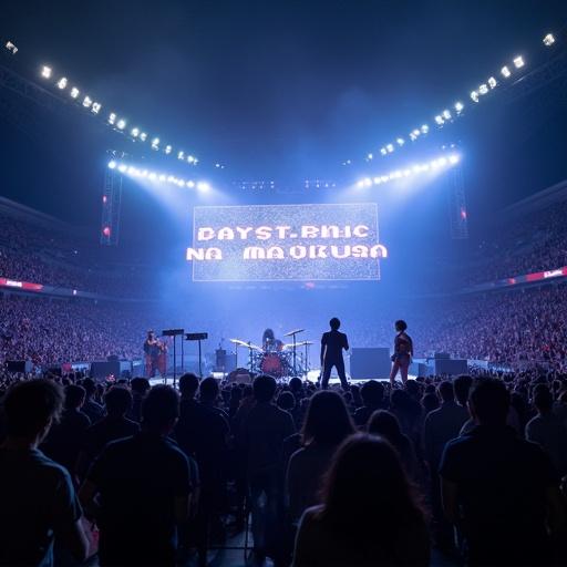 Visual kei band performs at large stadium at night. Large screen shows 'PLAYLIST J-ROCK NA MADRUGA'.
