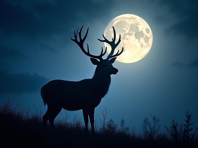Deer silhouette contrasts with an exceptional full moon in a night sky. Catrin Welz Stein art style emphasizes beauty and detail. Image maximizes sharpness and texture. Masterpiece of nature.