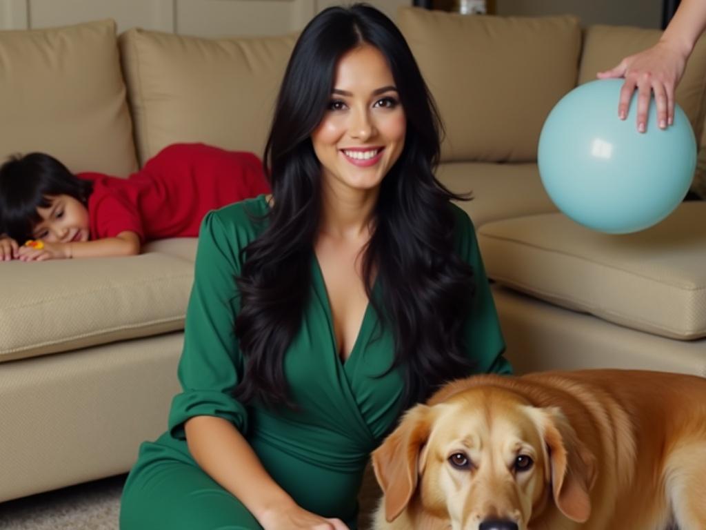 The image shows a woman sitting on a beige couch wearing a stylish green dress. She has long black hair that flows down, giving her a sophisticated look. Next to her, there is a golden retriever lying on the floor, comfortably resting. The scene has a relaxed atmosphere, suggesting a casual gathering. In the background, a child dressed in red can be seen laying on the couch, possibly playing with a toy. There is also a hand holding a light blue balloon, adding a festive element to the image. Overall, the setting appears to be a living room filled with warmth and companionship.