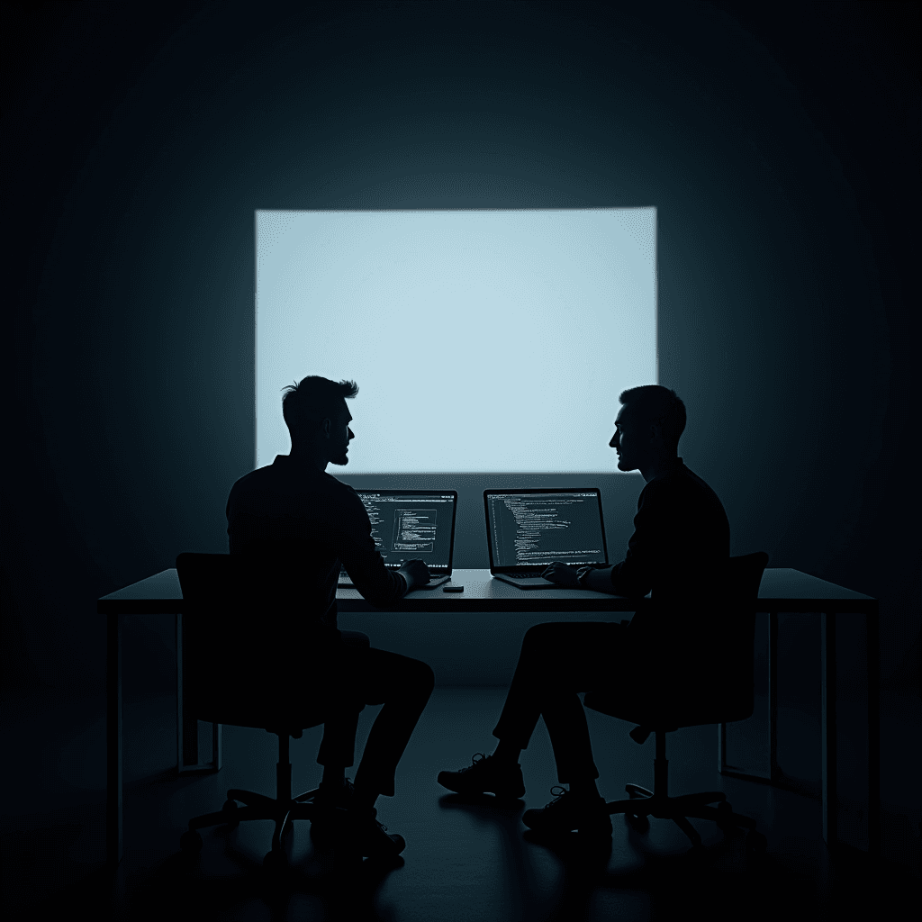 Two silhouetted individuals sit in front of illuminated computer screens displaying code, creating an intense and focused atmosphere.