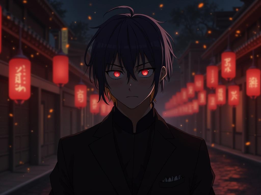 Realistic image of a young male character with deep blue hair and glowing red eyes wearing a black suit. He stands in a narrow street illuminated by red lanterns, creating an atmospheric setting.
