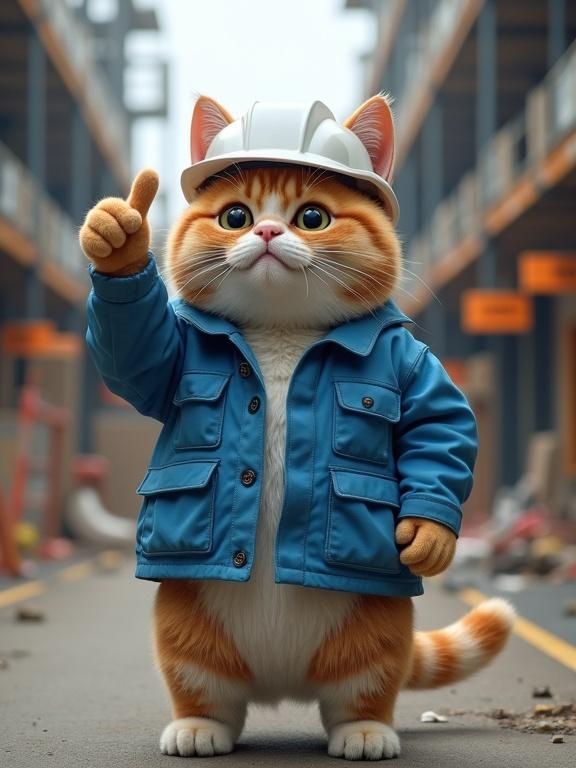 Realistic cat standing on a construction site wearing safety gear. Cat has an orange and white coat. Cat giving thumbs up with one paw looking confident. Background includes scaffolding and warning signs. Cat styled after Japanese safety mascots.