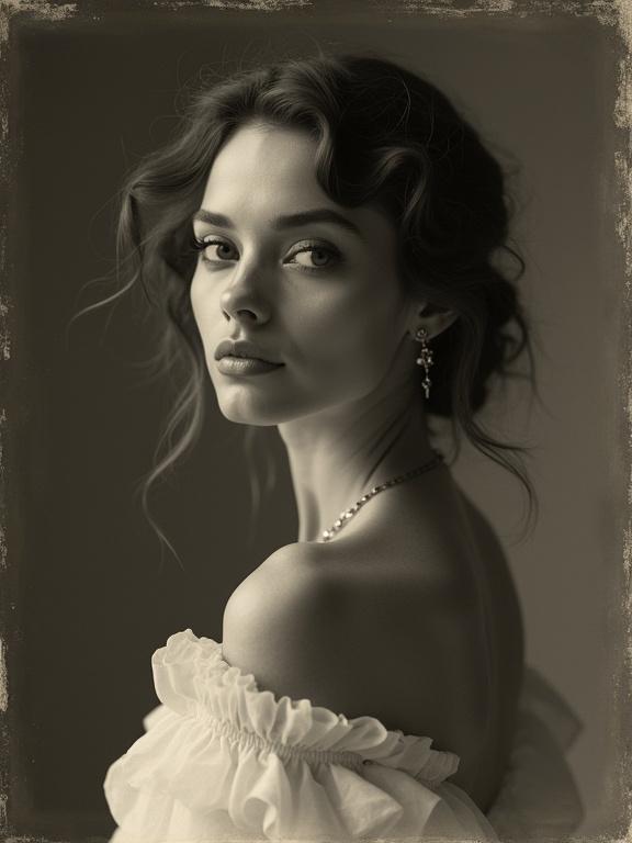 A portrait of a beautiful supermodel in a vintage style. The image features black and white tones with a slight sepia effect and a white border. The model poses artistically, with a focus on high contrast and diffused lighting. The perspective is from a low angle, shot with a Hasselblad 500CM camera and a Voigtländer Nokton 50mm lens.