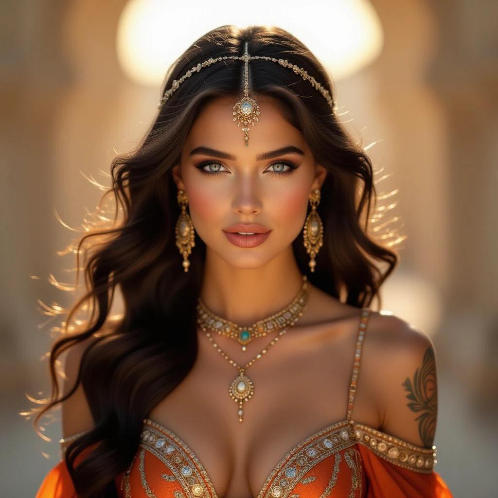 Enchanting woman with flowing hair and striking blue eyes. She wears ornate jewelry and a delicate headpiece. Her garment is vibrant orange with metallic accents, adorned with an intricate tattoo. Warm ambient glow creates a magical atmosphere.