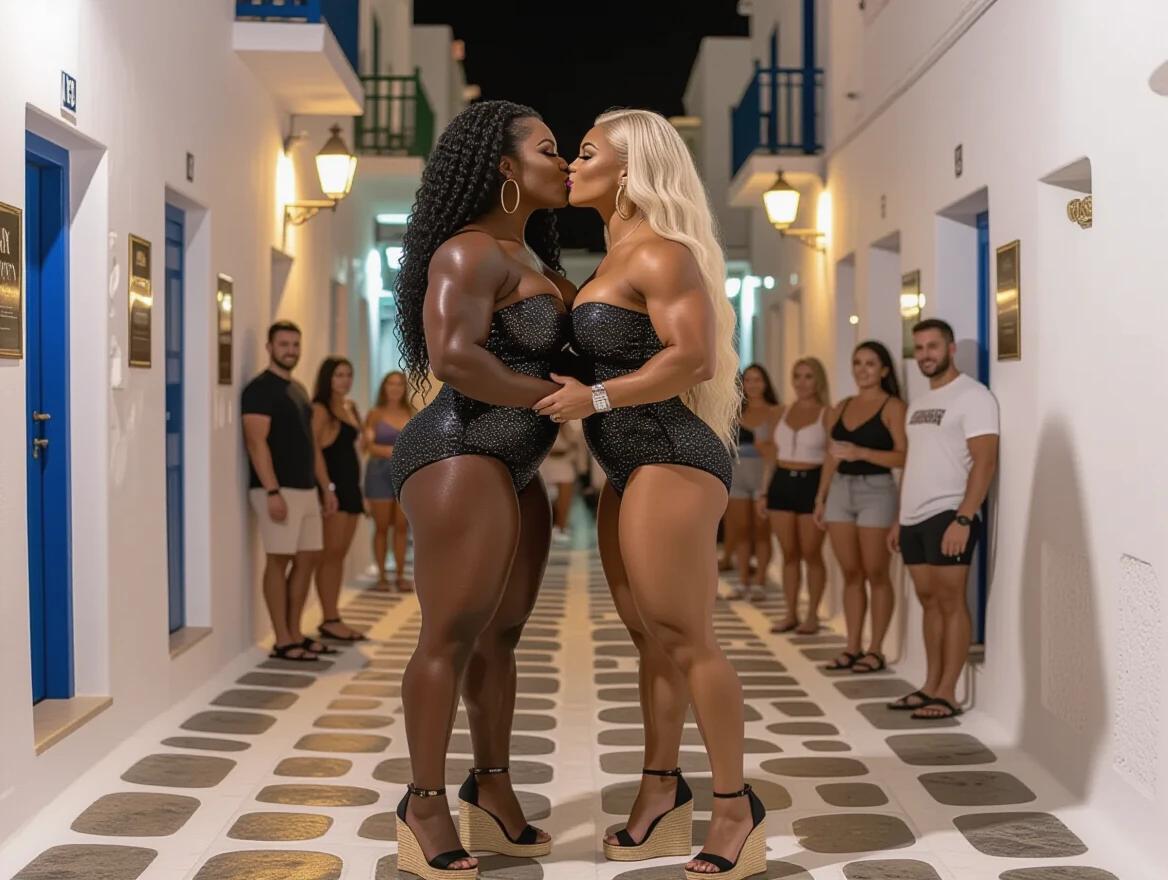 Two muscular women embrace each other in a Mykonos alley. One woman is of African descent with black curly hair. The second woman is of Scandinavian descent with blonde wavy hair. They wear black glitter strapless dresses and high espadrille heels. The alley is filled with people at night.