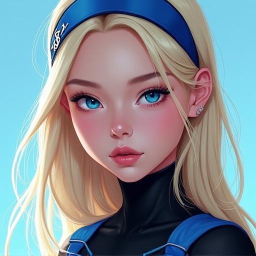 Close-up portrait of a young woman with long blonde hair and blue eyes against a blue gradient background. She wears a black uniform and a blue headband with a white emblem. Bright lighting enhances her porcelain skin. Artistic style is digital realism.