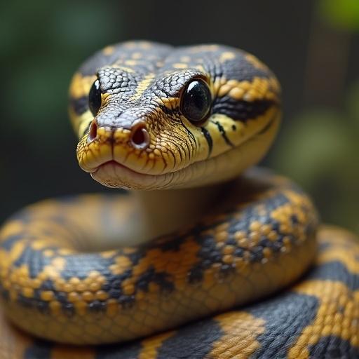 A close-up of a python snake showcasing its vibrant patterns and colors with a friendly expression.