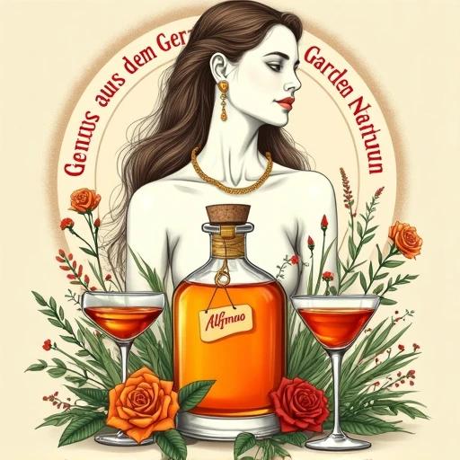 Artistically illustrated apothecary bottle filled with golden-reddish herbal liqueur. Bottle has cork lid simple hang tag reading ALFRUNO. Bottle emits golden-reddish glow. Flanked by two liqueur glasses filled with same liquid. Surrounded by green herbs wildflowers and a rose. Above bottle detailed line drawing of germanic goddess upper body with long flowing hair in earthy tones. Goddess adorned with golden-reddish necklace and earrings. Background in muted beige with circular text reading 'Genuss aus dem Garten der Natur - wild und besonders'.