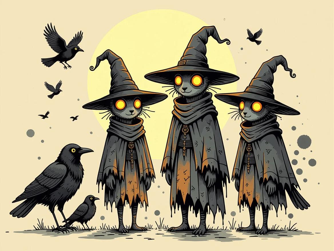 Whimsical stitched-fabric creatures with long limbs and glowing orange eyes. Tattered cloaks and wide pointed hats. Grouped beside stylized crows with luminous yellow eyes. Soft full moon glow in background. Minimal beige backdrop with ink splatter. Fluttering crows in motion. Expressive sketch lines. Dreamy storybook feel. Surreal fine art ink sketch inspired by folklore.