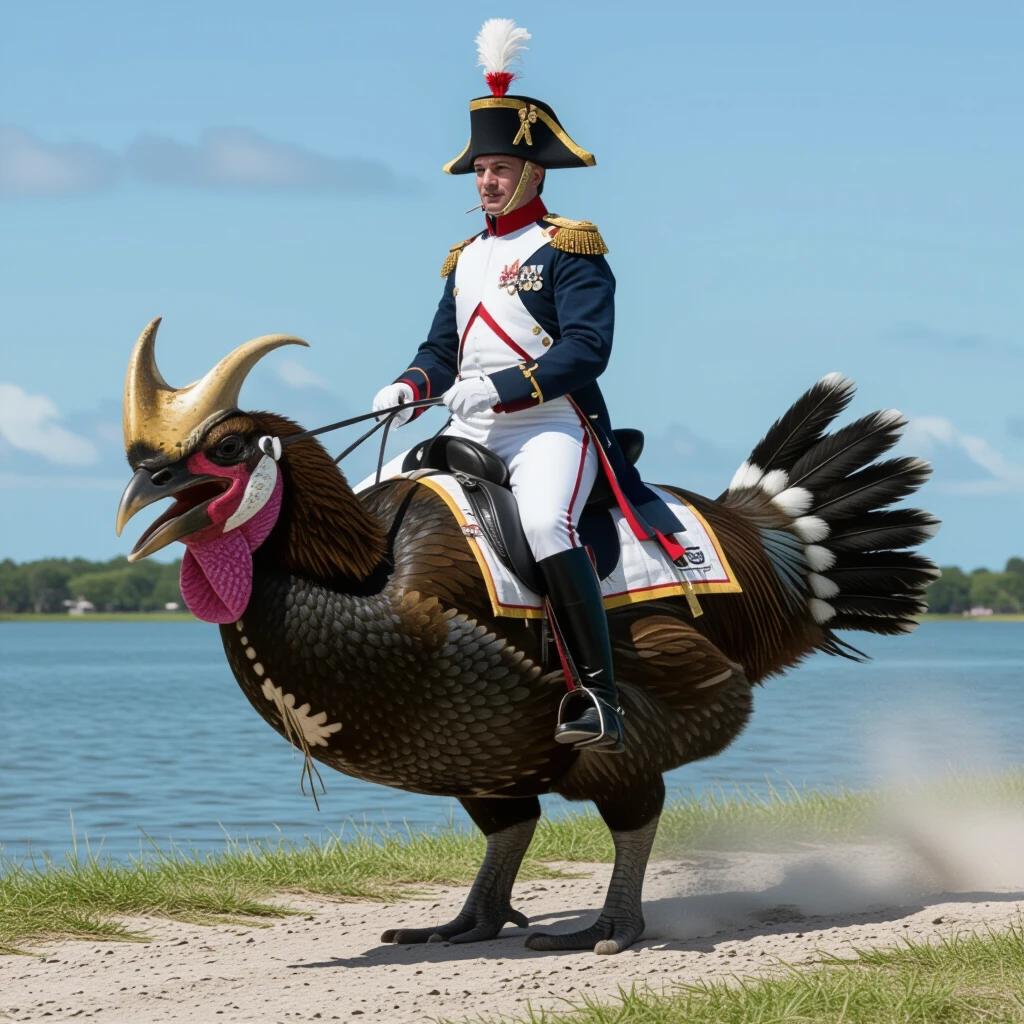 Napoleonic figure in full military attire riding a large bird resembling an ornithorhynchus. The scene includes a backdrop of a serene lake and lush grasslands.