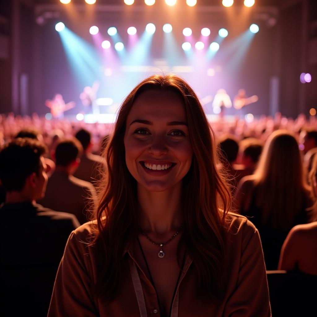 The image captures a smiling woman sitting in front of a large audience at a concert. Her warm expression suggests excitement and enjoyment of the live performance. The background features a vibrant stage illuminated by colorful lights and a crowd that is engaged and energetic. This setting highlights the thrill of attending a live music event. The woman is central in the frame, emphasizing her joyful reaction to the performance going on behind her.