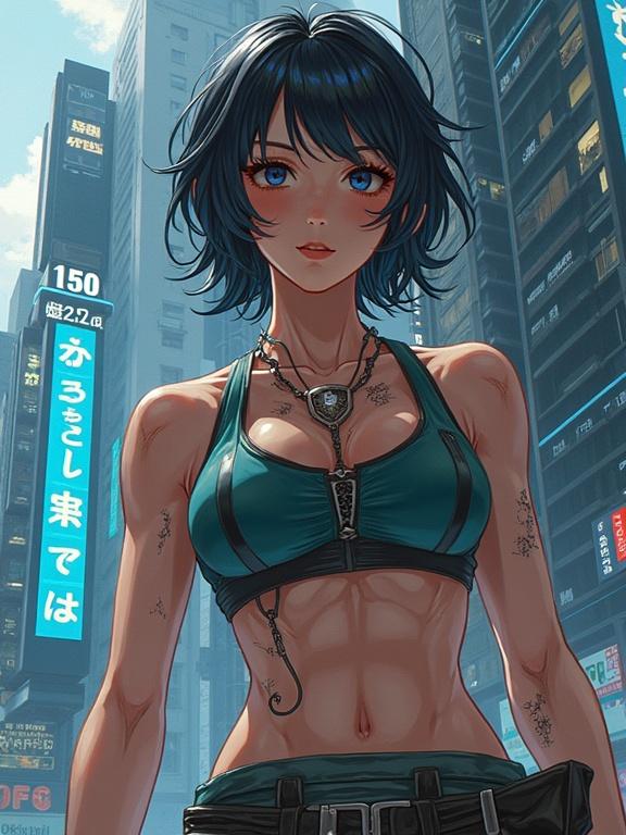 Character depicted is a female in a cyberpunk setting. She wears a sports top with visible tattoos. The city background showcases vibrant neon lights.