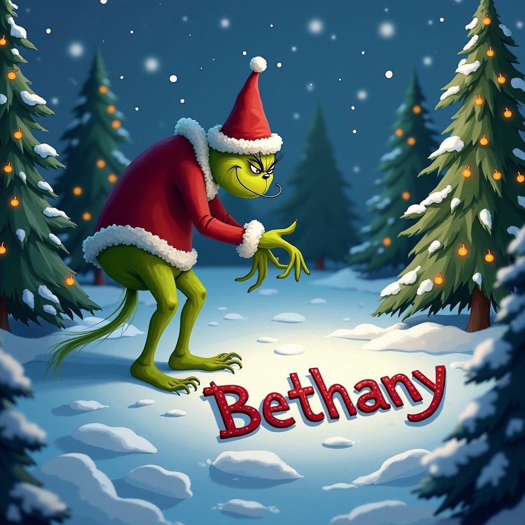 The Grinch is outside in the snow. Christmas trees surround him. Decorated with lights. The Grinch is writing the name Bethany in the snow.