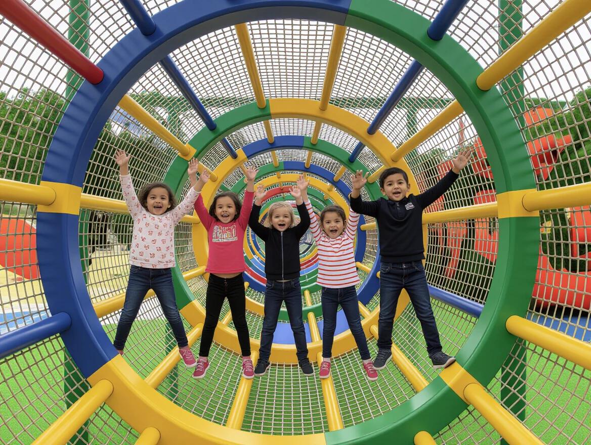 Image of children having fun in a colorful play structure. Children engage joyfully in a bright outdoor setting.