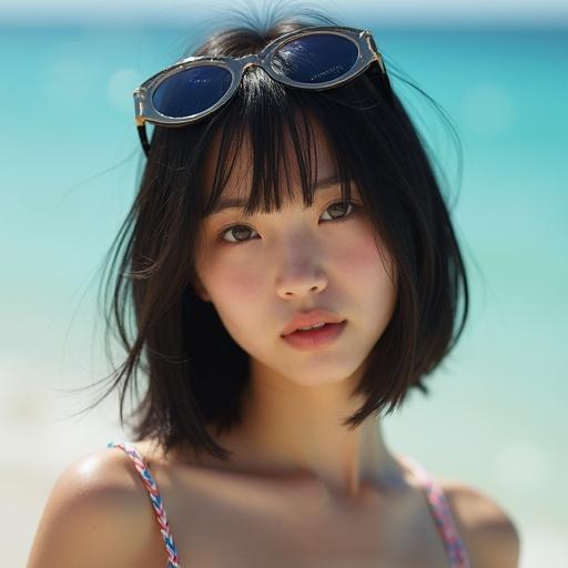 Frontlighting highlights a Japanese girl on a sunny beach. She has dark bob hair without stick out strands. The girl appears angry.