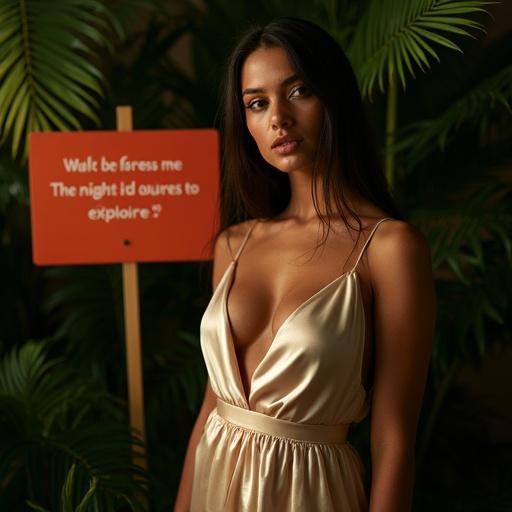 Portrait of a woman in a seductive silk dress. The dress drapes to reveal cleavage. She looks confident and playful. Lighting enhances her features. Background includes a red sign saying 'Will you undress me slowly?' and a yellow sign saying 'The night is ours to explore...' amid tropical plants. Scene exudes intimacy and allure with visible text.