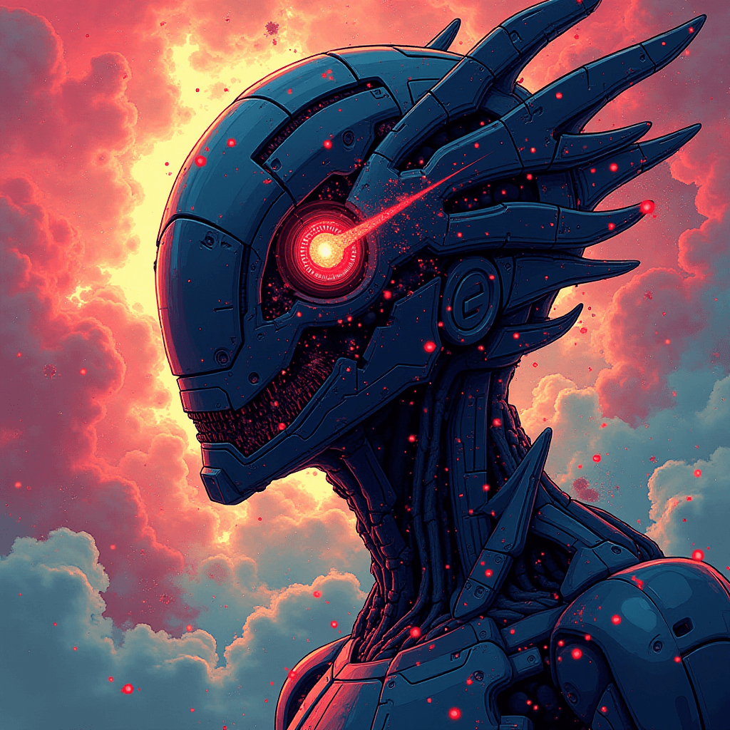 A futuristic robotic figure with glowing red eyes stands against a vivid, cloud-filled sky.