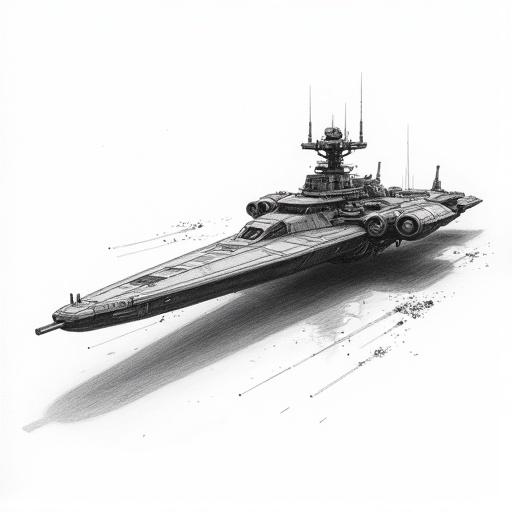 Highly detailed shaded pencil drawing of a spaceship featuring a long fuselage and front cockpit. Large engine pods on each side with multiple firing laser or projectile cannons. Visible explosions and projectiles. Intricate surface details including panels, pipes, antennas. Realistic shading with soft gradients and hatching. White background.