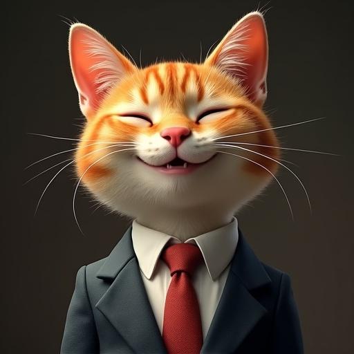 A semi-realistic cat in a suit smiling warmly with eyes closed, head slightly tilted.