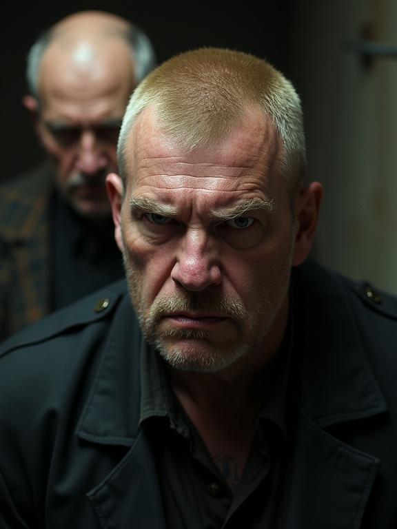 An ultra photorealistic image of a large man with short cropped blond hair wearing dark clothing. He has a square head and stares menacingly into the camera. Another middle-aged man with a thin face and long nose stands behind him, looking over his shoulder. Both men have mean expressions