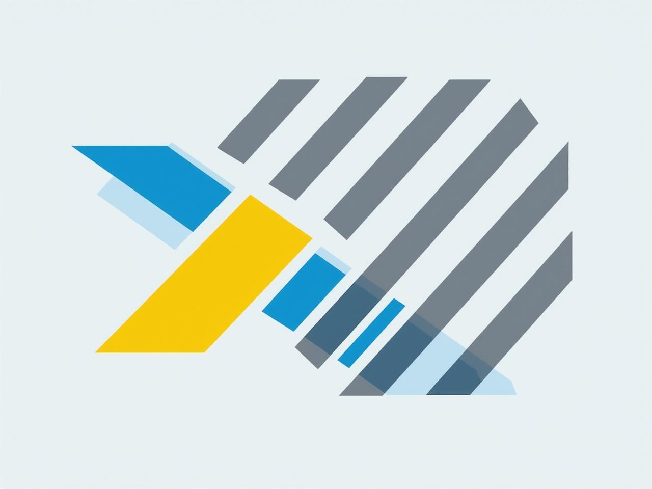 This image features a graphic design with geometric shapes and a modern aesthetic. It includes multiple colored elements such as yellow and blue, which create a striking contrast. The design appears to be abstract, emphasizing lines and angles that overlap in a dynamic way. The composition gives a sense of movement and energy through its clean lines and vibrant colors. Overall, it looks like a logo or an emblem that could be associated with technology or innovation.