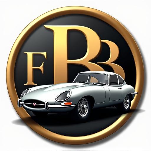 Logo design showing a silver Jaguar E-Type in a sporty style. Medal features black to gold gradient. Large B letters in the background, one normal and one mirrored.