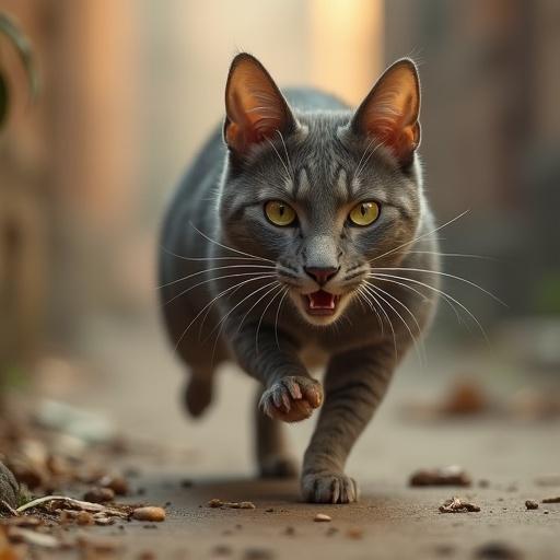 A cat is in motion. The cat appears to be running. The setting suggests an outdoor environment. The cat is focused and alert.