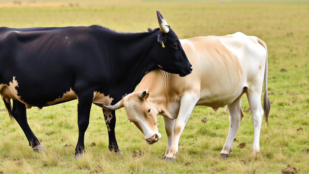 Two brown oxen with large curved horns graze peacefully in a lush green pasture.