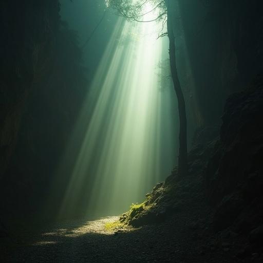 Sunlight rays penetrate through trees in a forested canyon. The atmosphere feels mystical and serene. Green tones dominate with soft, diffused lighting.