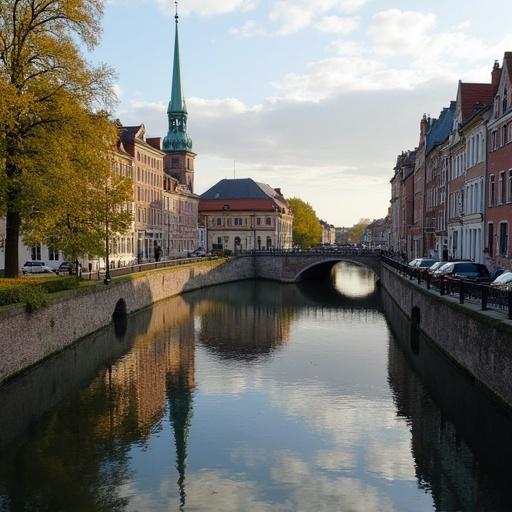A scenic view of Hannover in Lower Saxony. A canal reflects historic buildings under a golden hour sky. A green spire tower stands prominently in the scene. Autumn trees can be seen along the canal's edge.
