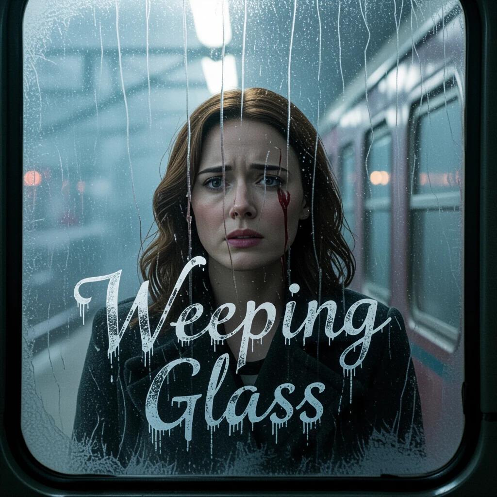 Movie poster for WEEPING GLASS featuring a close-up of a woman crying behind a fogged-up train window with blood. Title is styled like frosted glass. Soft lighting and muted reflections.