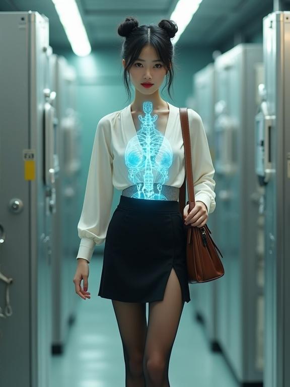 A mid-20s East Asian cyborg spy stands in a mechanical lab. She wears a pearl-white wrap-around blouse and a black knee-length skirt. Her legs are in sheer black pantyhose and low-block heels. She has neatly bunned black hair. The holographic X-ray above her waist shows intricate cyborg components glowing in cyan-blue tones. The background is filled with metallic lockers and bright lights.