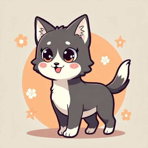 Cute cartoon dog with gray fur and white chest. Puppy stands joyfully with tongue out. Background features light orange circle and flowers.