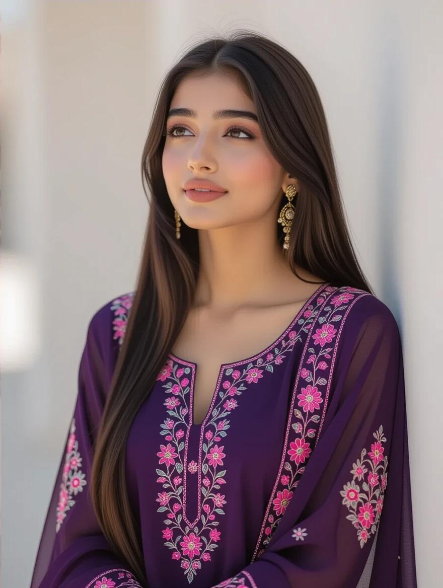 An 18 year old Bangladeshi girl has long straight black hair and smooth skin. She has a soft dreamy smile. She wears a dark violet indigo salwar kameez with pink floral embroidery and a matching dupatta. She gazes slightly upward with a wistful longing expression while singing softly.