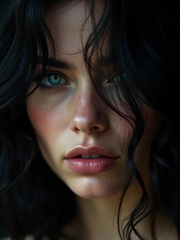 Close-up portrait of a woman with black hair draped over one eye and turquoise eyes. She leans towards the camera. Chiaroscuro lighting against a dark background. Closed lips. Neutral expression.