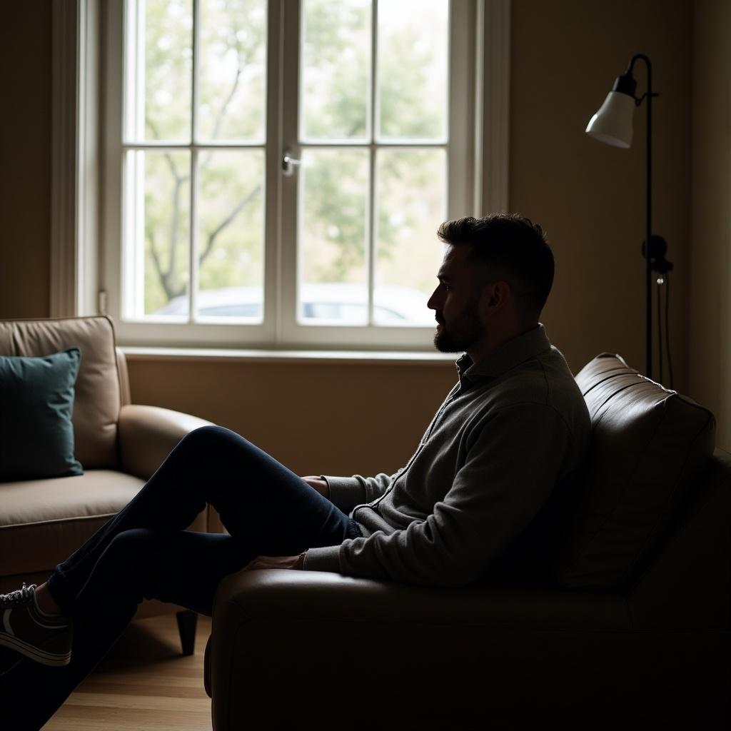 A man sits on a sofa positioned to face left. The room is bright with natural light. A window and a lamp are visible in the background. The overall atmosphere is calm and relaxed.