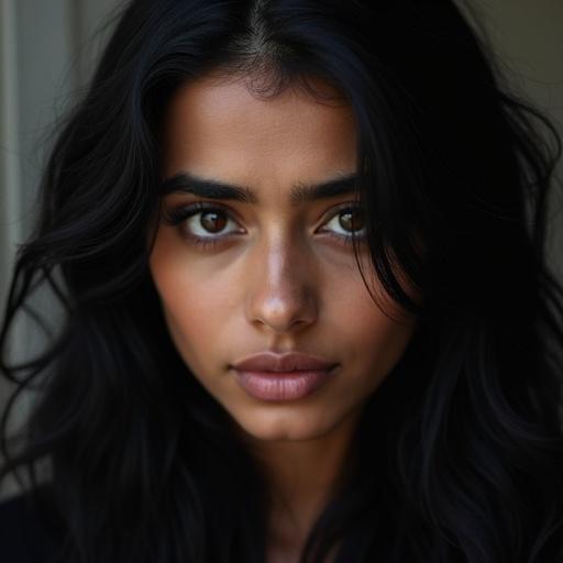 Image of a woman with dark brown eyes and long black hair. She has full lips and thick eyebrows. Her expression is serious, with open eyes and furrowed brows.