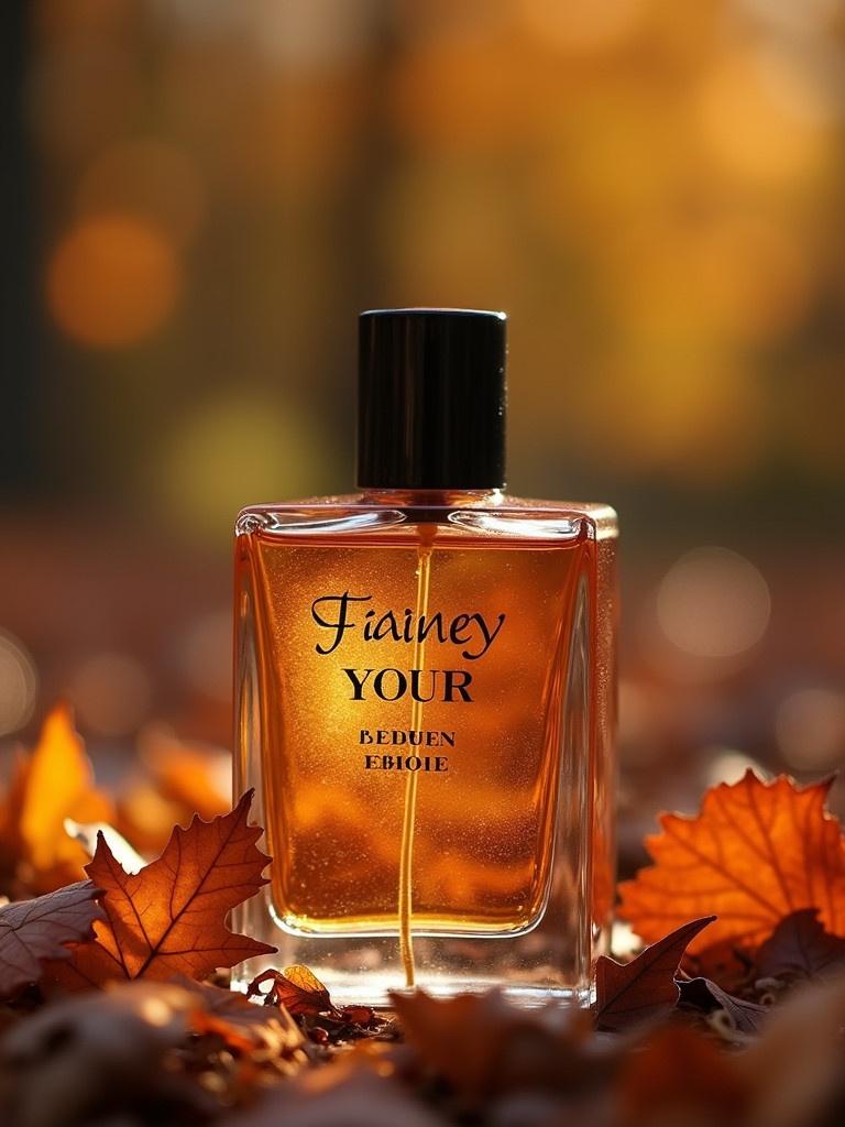 Perfume bottle placed on colorful autumn leaves. Warm lighting enhances the colors. Elegant design of the bottle captures attention.