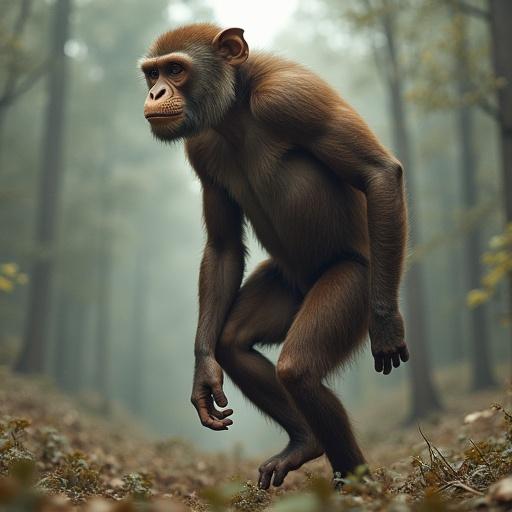 A figure depicting a monkey with human characteristics. It features bipedal movement, humanoid body proportions, and a forest setting. The character stands with a slightly hunched posture on a forest floor, surrounded by mist and trees. The focus is on animalistic features combined with human traits.