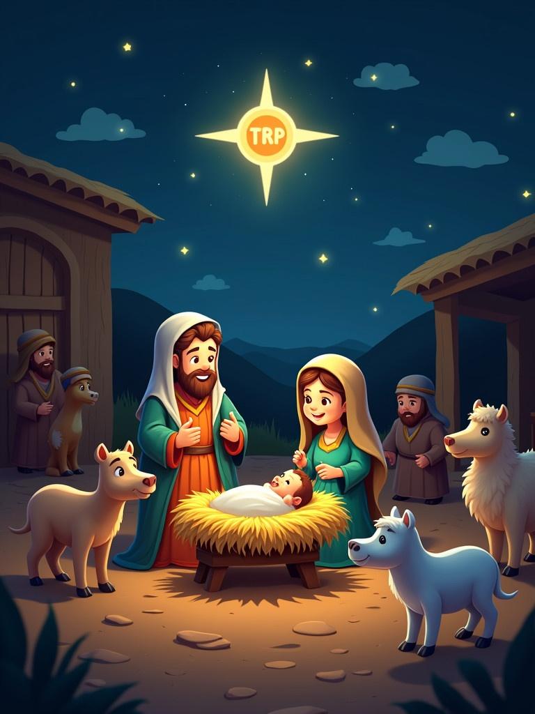 Animated cartoon nativity scene with baby $TRP in a manger surrounded by Mary and Joseph. Shepherds and animals present. Rustic setting at night.