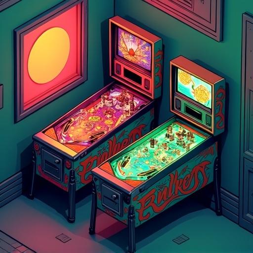 Isometric view of a gaming room with two pinball machines. Neon green and neon orange colors dominate the scene. High contrast and blocky design style.