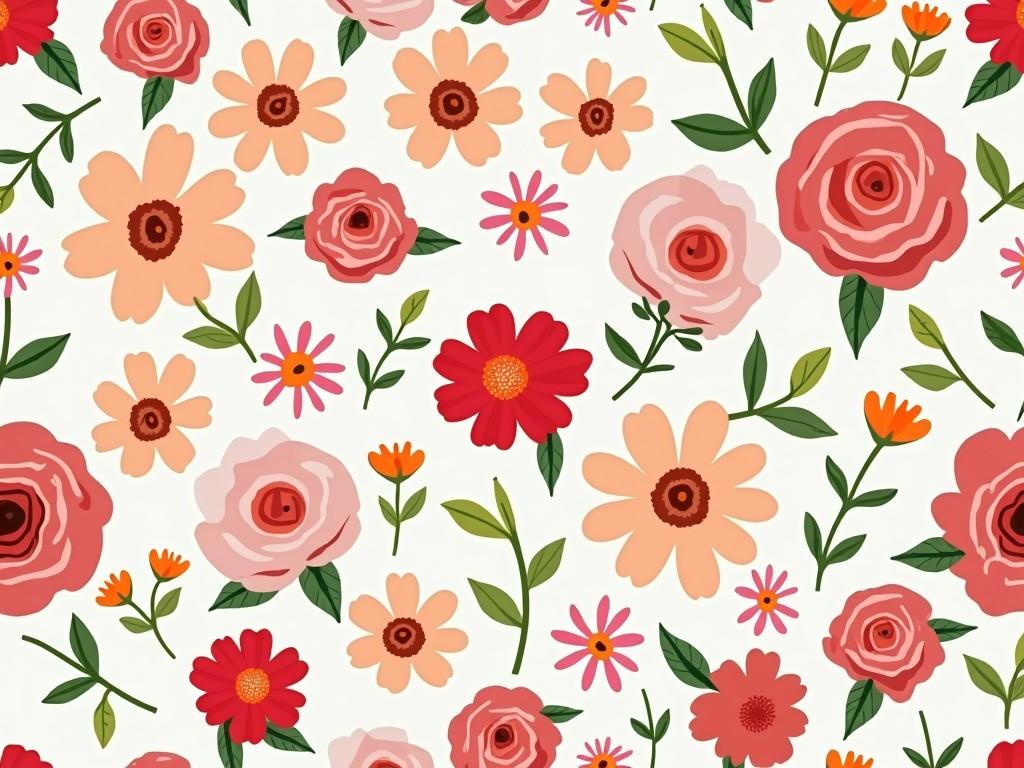 This image features a beautiful seamless pattern of various flowers on a light background. The design includes roses, daisies, and other vibrant blooms, showcasing an array of colors including pink, red, and peach. Leaves are integrated among the flowers, adding a touch of greenery to the pattern. This floral design is ideal for various applications, including textiles and wallpapers. The arrangement creates a harmonious and cheerful aesthetic, perfect for brightening up any space.