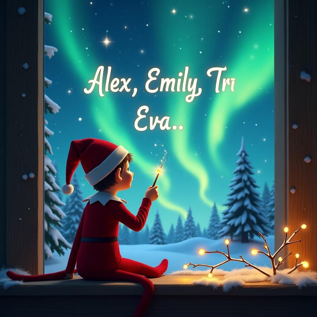 The image features an elf on the shelf sitting by a window, facing away from the viewer. He is using a magical wand to write the names 'Alex', 'Emily', and 'Eva' in the night sky. The background captures a beautiful winter night, filled with vibrant northern lights illuminating the scene. Snow-covered trees add to the enchanting atmosphere, while subtle decorations suggest a cozy home for the holidays. This joyful moment encapsulates the spirit of Christmas, bringing a sense of wonder to viewers.