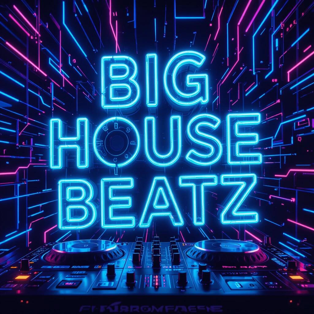 Complex dark neon artwork on a music album cover. Text Big House Beatz and DJ Omnitronixx features prominently. DJ equipment in the foreground.