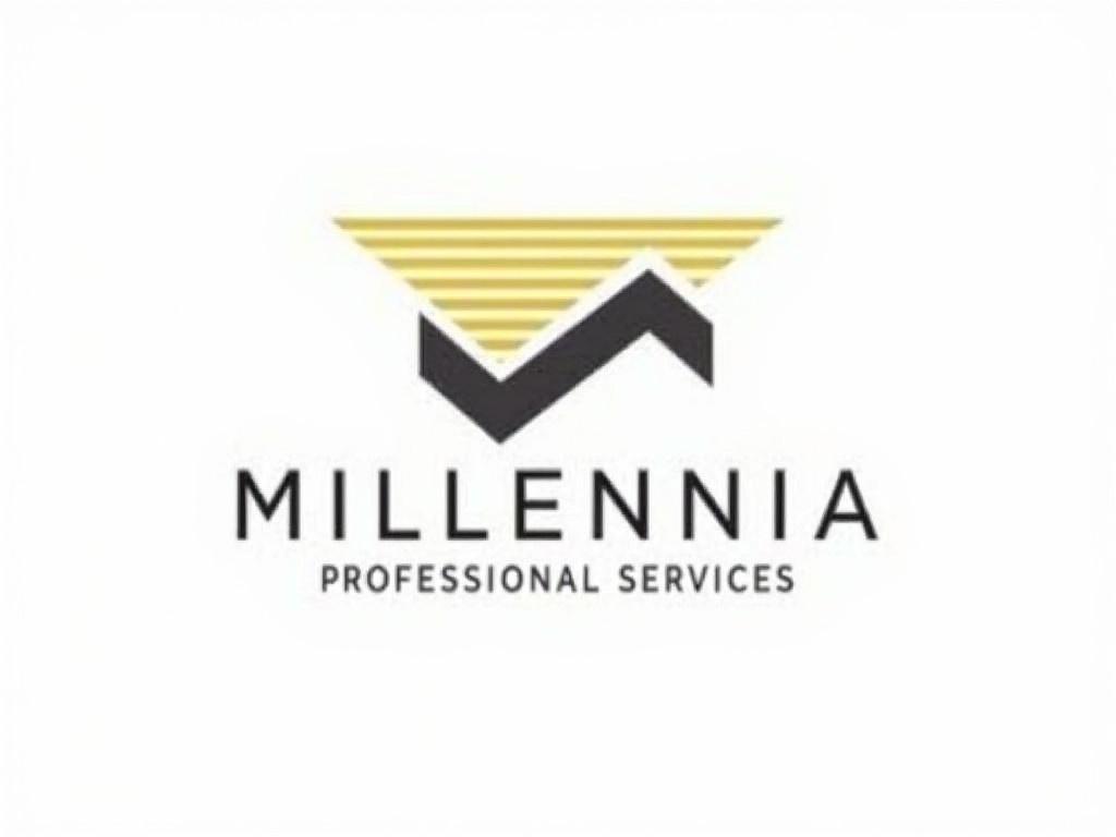 This image features a logo design consisting of geometric shapes. The logo includes a large stylized letter 'M' formed by two angular black shapes. Above the letter 'M', there are horizontal yellow stripes creating a triangular pattern. Below the letter 'M', the word 'MILLENNIA' is prominently displayed in bold letters. The text 'PROFESSIONAL SERVICES' is written beneath the brand name in smaller font. At the bottom of the logo, a web address is shown, indicating where to find more information.