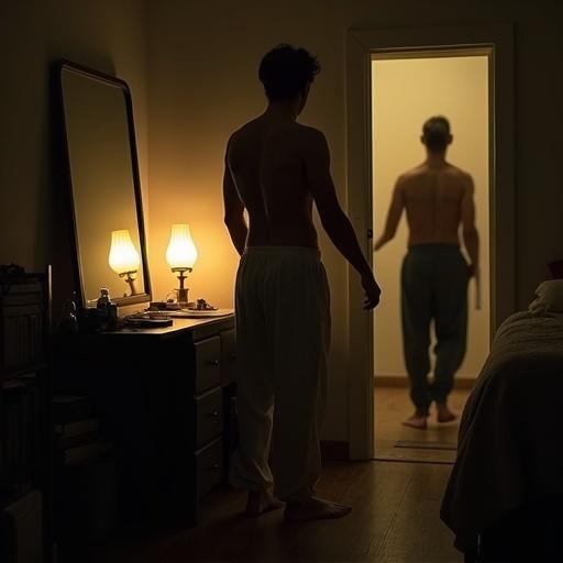 Dimly lit Korean bedroom features a young man at a vanity. He shows tension, back to the view, partially undressed. A door creaks with an older man in the shadows at the threshold. The atmosphere feels intimate and complex. The room adds to the psychological tension.